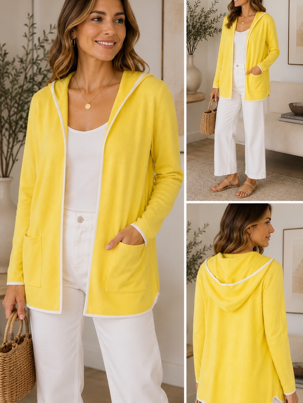 Sara Campbell Yellow Hooded Open Front Cardigan Sweater Modal Blend Size M